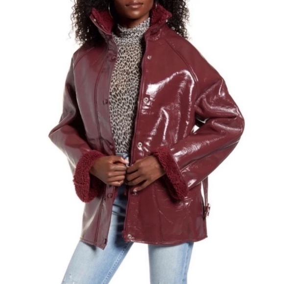 NEW J.O.A. x REVOLVE Red Patent Leather Belted Fleece Lined Jacket, Size XS - Picture 4 of 8